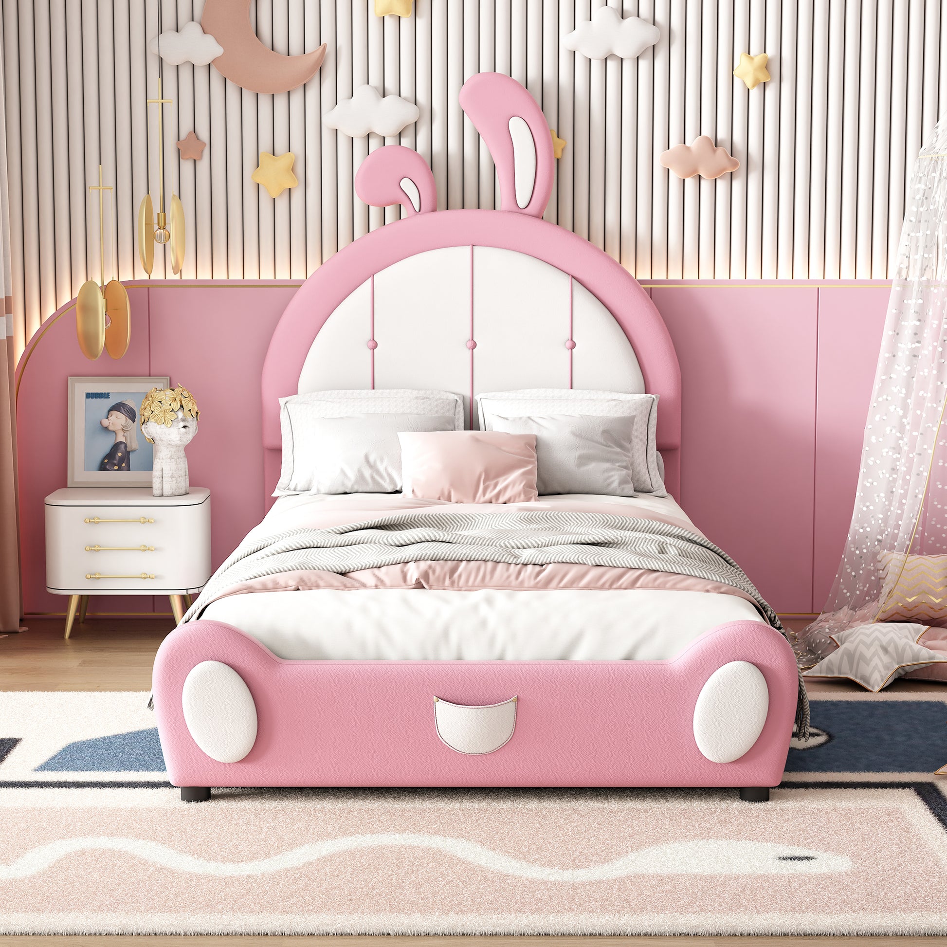 Twin Size Upholstered Platform Bed With Rabbit Shaped Headboard, Pink Box Spring Not Required Twin Pink White Wood Bedroom Bed Frame Faux Leather Upholstered