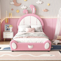 Twin Size Upholstered Platform Bed With Rabbit Shaped Headboard, Pink Box Spring Not Required Twin Pink White Wood Bedroom Bed Frame Faux Leather Upholstered