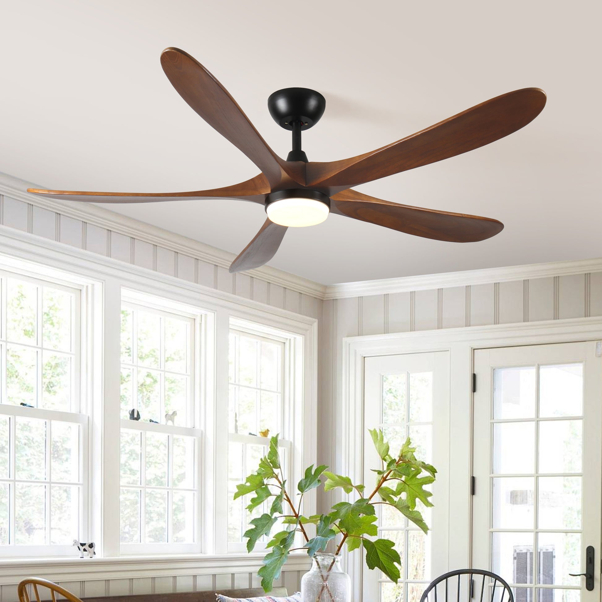 62 Inch Solid Wood With Remote Control With Light Led Modern Dc Dc Motor Indoor Outdoor 5 Blade Ceiling Fan For Patios, Bedrooms And Farmhouses Antique Brown Solid Wood