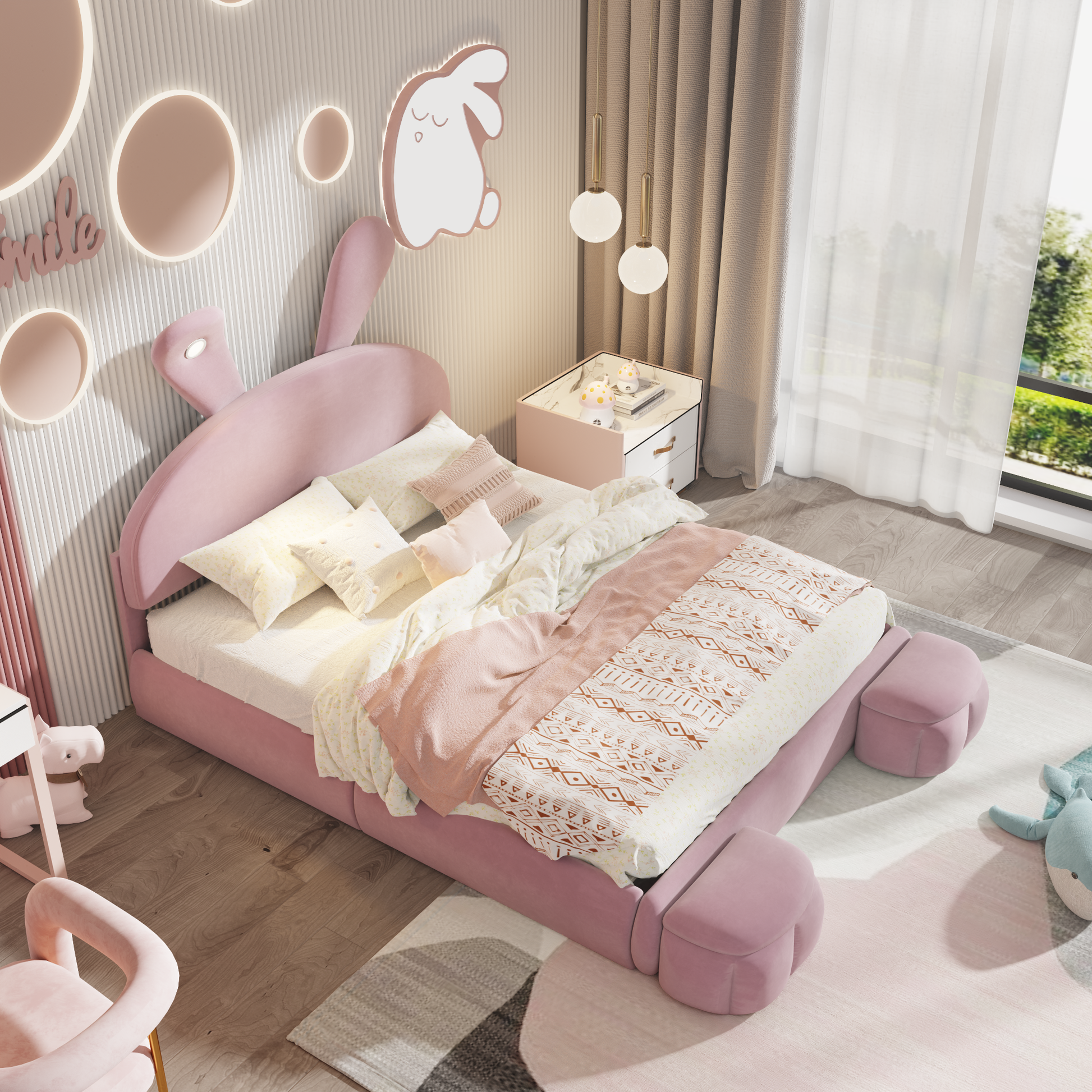 Full Size Upholstered Platform Bed With Cartoon Ears Shaped Headboard And Light, Pink Box Spring Not Required Full Pink Wood Bedroom Bed Frame Velvet Upholstered