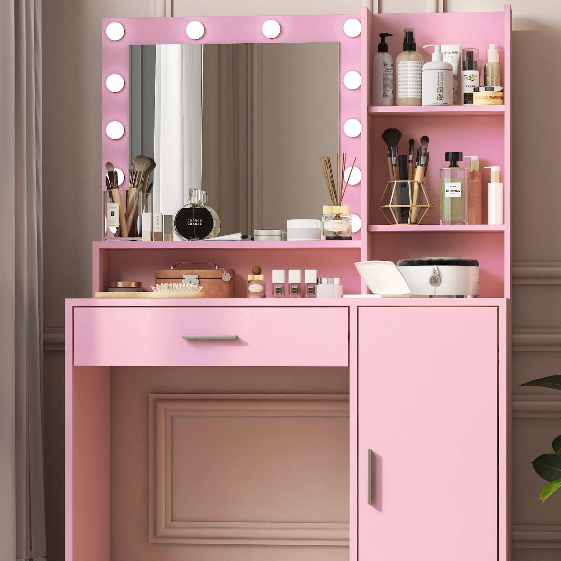 Vanity Desk With Mirror & Light, Large Drawer Three Level Storage Dresser, 3 Lighting Modes Adjustable Brightness, Bedroom Dressing Table Pink Pink Particle Board