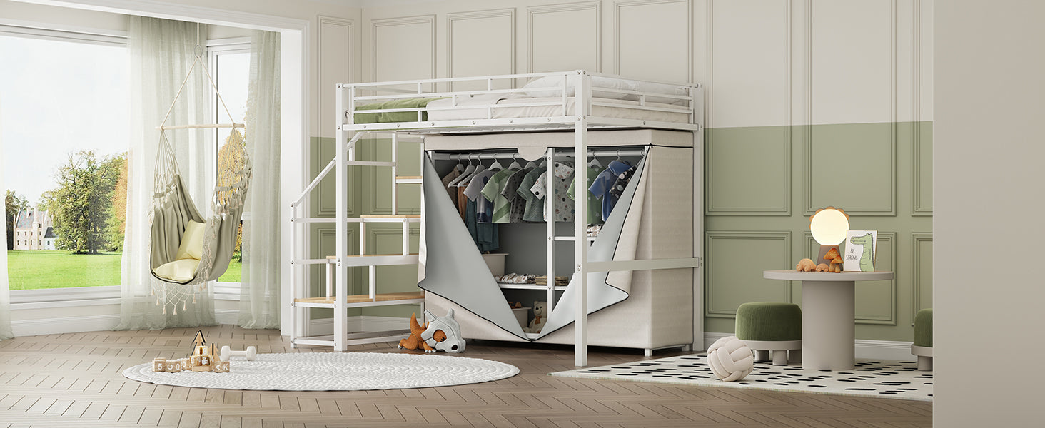 Full Size Metal Loft Bed With Wardrobe And Storage Shelves, White Box Spring Not Required Full White Metal Mdf Metal