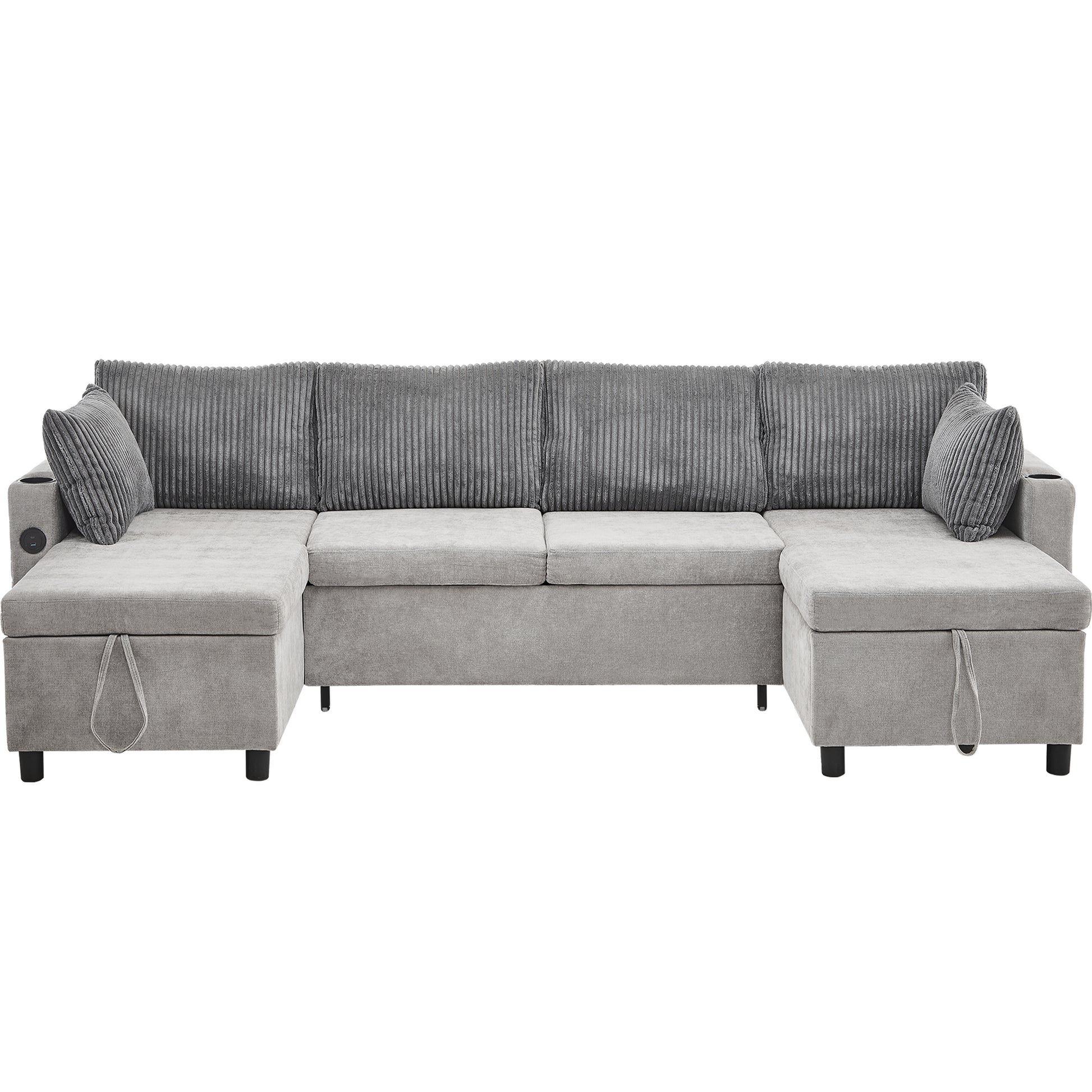 111.8" Sectional Sofa Pull Out Sofa Bed Versatile Sofa Sleeper With Large Storage Space, Two Usb Ports And Two Cup Holders For Living Room, Grey Grey Foam Chenille 4 Seat