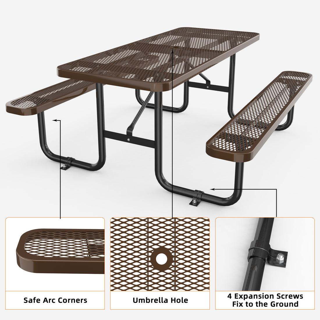 72" Expanded Metal Rectangular Picnic Table, Brown No Brown Seats 4 Rust Resistant Frame Garden & Outdoor Complete Patio Sets Steel Steel