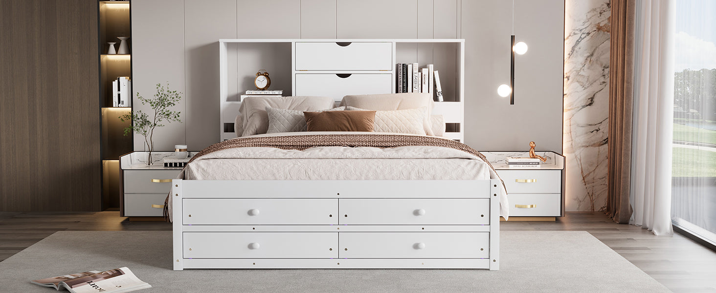 Queen Size Platform Bed With Storage Headboard And 8 Drawers, White Box Spring Not Required Queen White Wood Bedroom Bed Frame Solid Wood Mdf