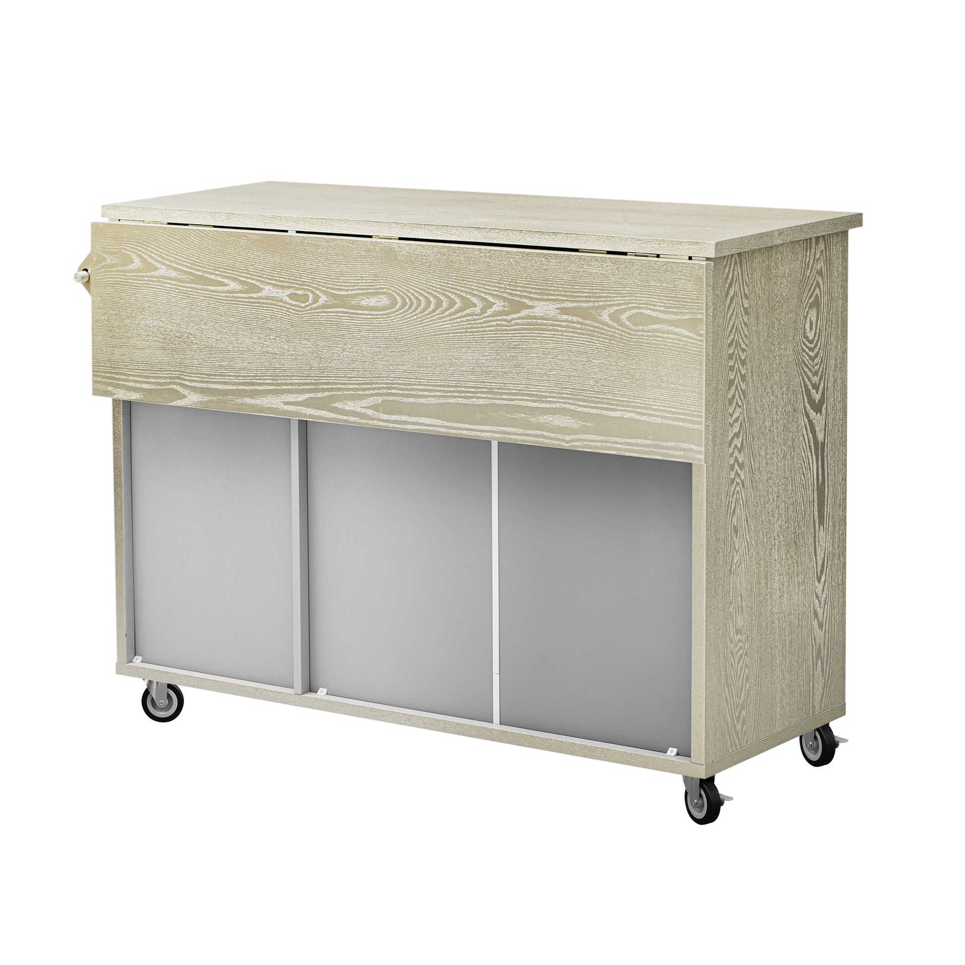 K&K 51.2"W Ash Veneer Not Cheap Paper Solid Wood Handwoven Kitchen Island With Drop Leaf, Coastal Kitchen Island On Wheels With Internal Storage Rack, Rolling Kitchen Cart, Champagne Champagne