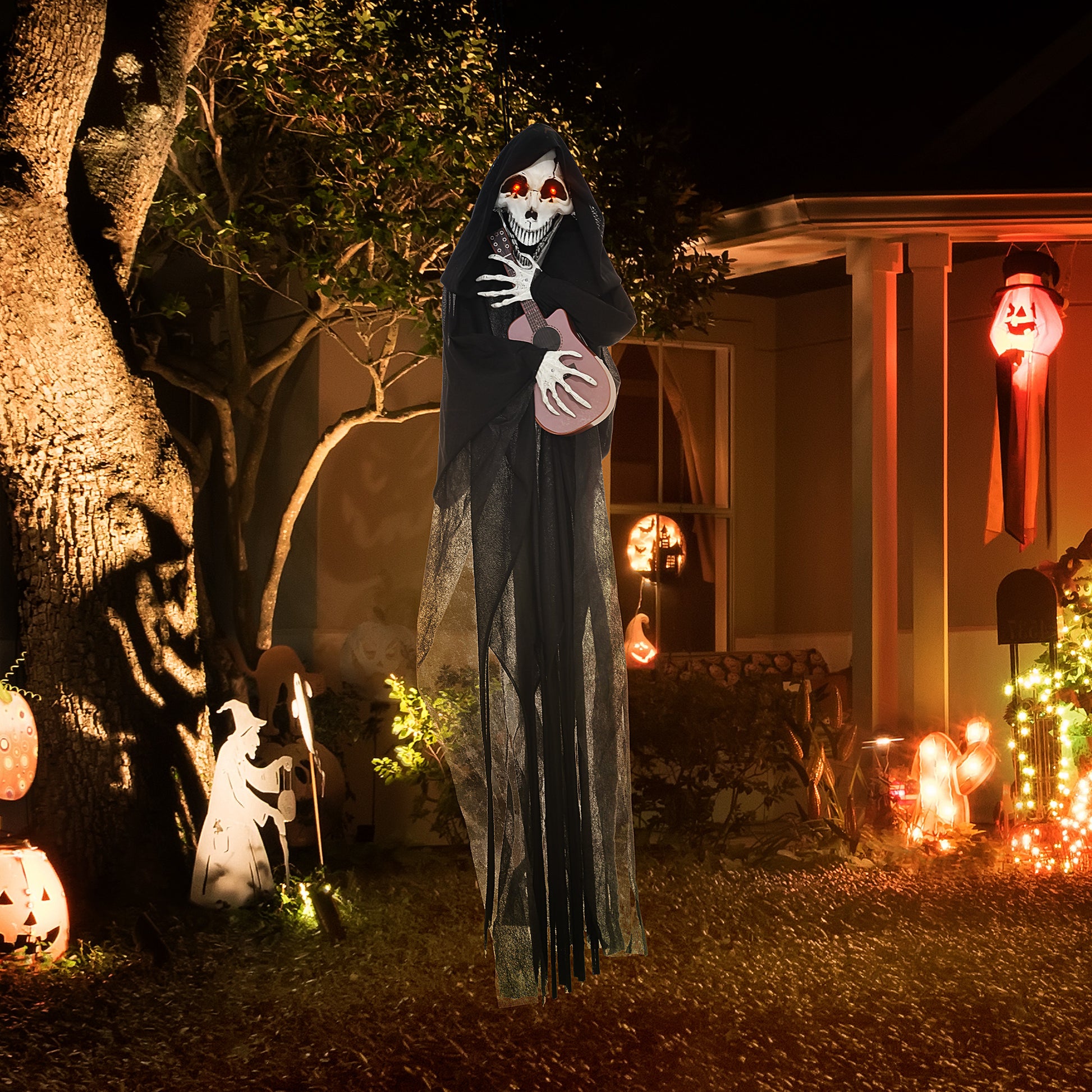 Homcom 4.3' Outdoor Halloween Decoration Animatronic Guitar Playing Grim Reaper, Sound And Motion Activated Animated Prop With Light Up Eyes & Guitar Music Black Polyester