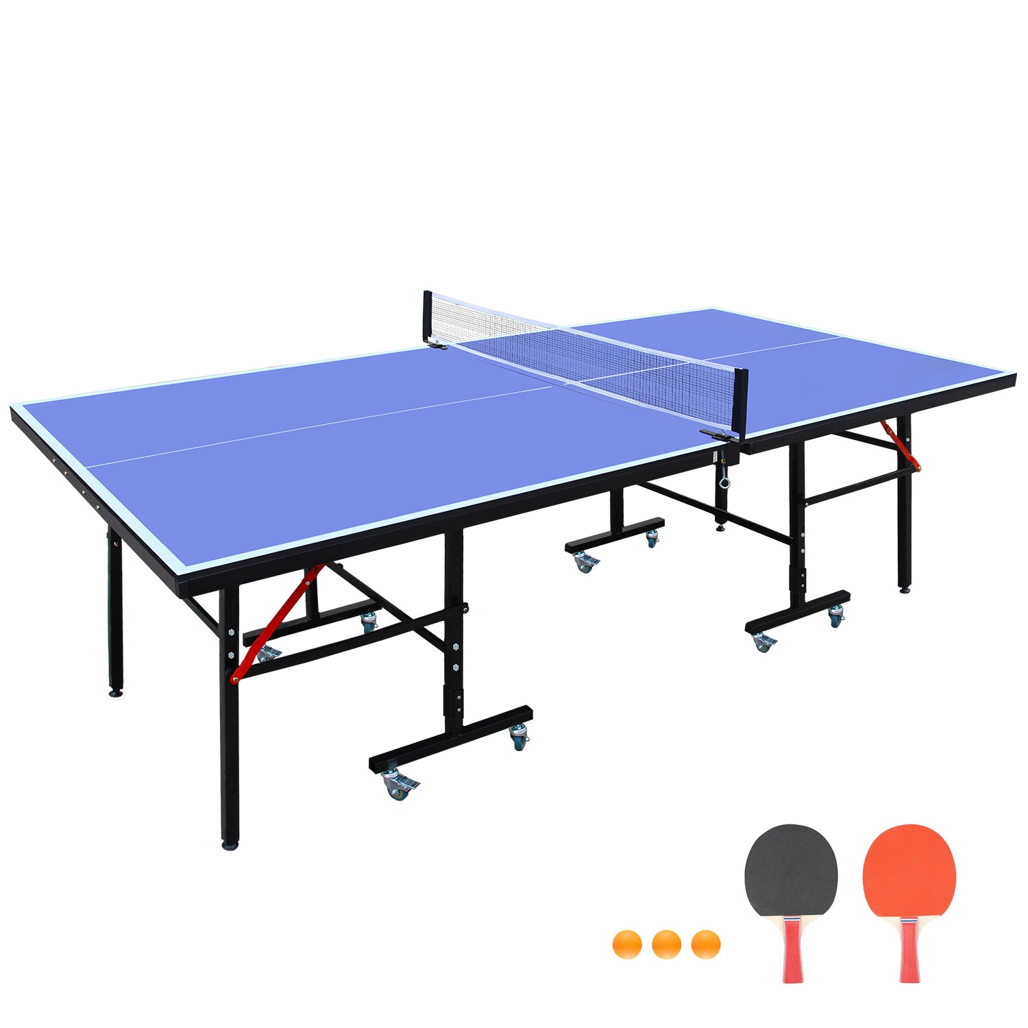 8Ft Mid Size Table Tennis Table Foldable & Portable Ping Pong Table Set For Indoor Games With Net, 2 Table Tennis Paddles And 3 Balls Blue Mdf