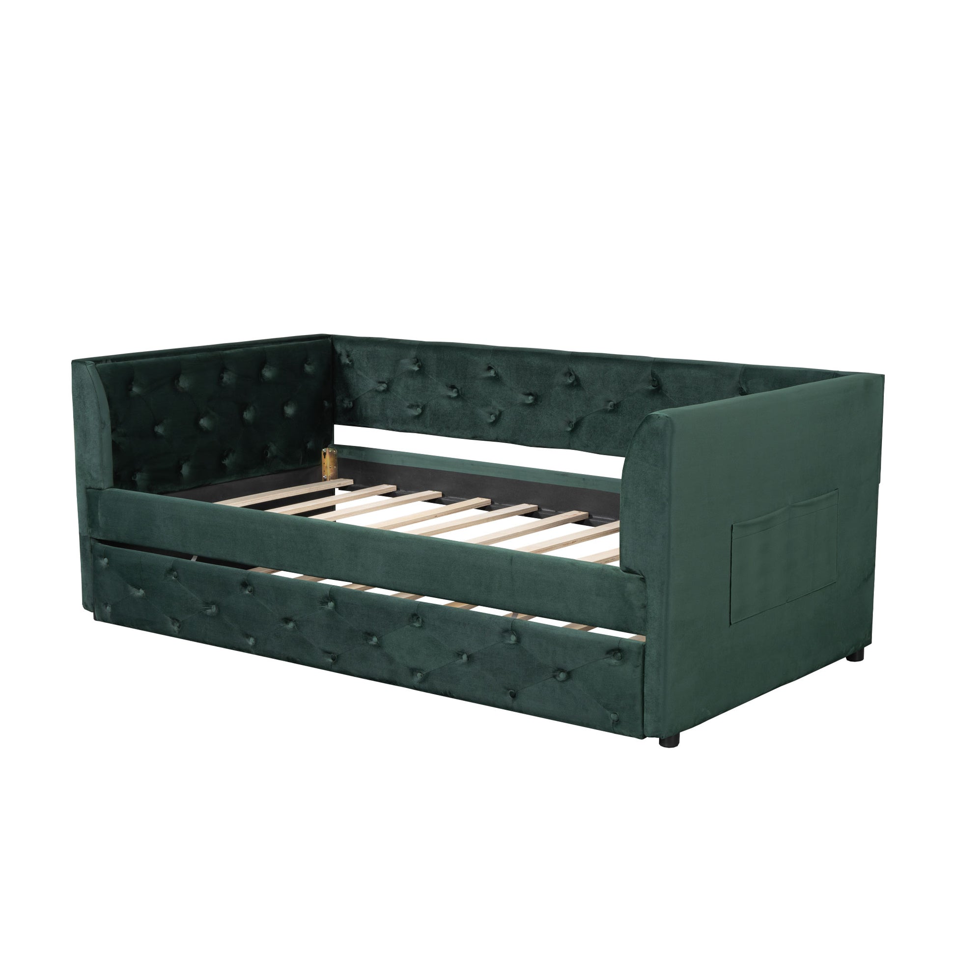 Twin Size Upholstered Velvet Tufted Daybed With Trundle, Green Box Spring Not Required Twin Green Wood Daybeds Velvet Solid Wood Mdf,Velvet