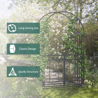 Outsunny 81" Metal Garden Arbor With Double Doors, Locking Gate, Climbing Vine Frame With Heart Motifs, Arch For Wedding, Bridal Party Decoration, Grey Black Steel