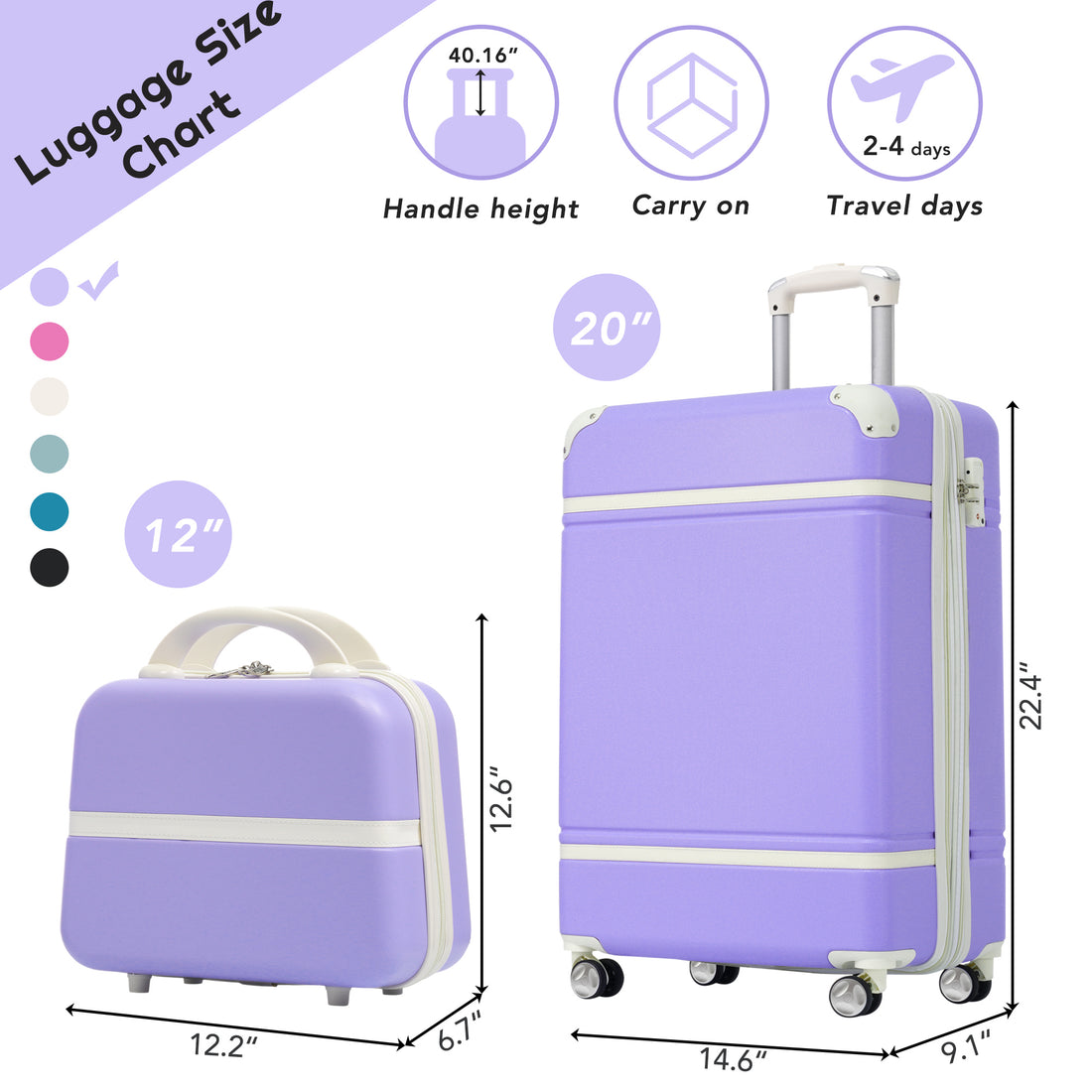 20 In Hardside Luggage With Cosmetic Case2 Piece Lightweight Suitcase Set With Spinner Wheels, Carry On Vintage Luggage,Purple Purple Abs