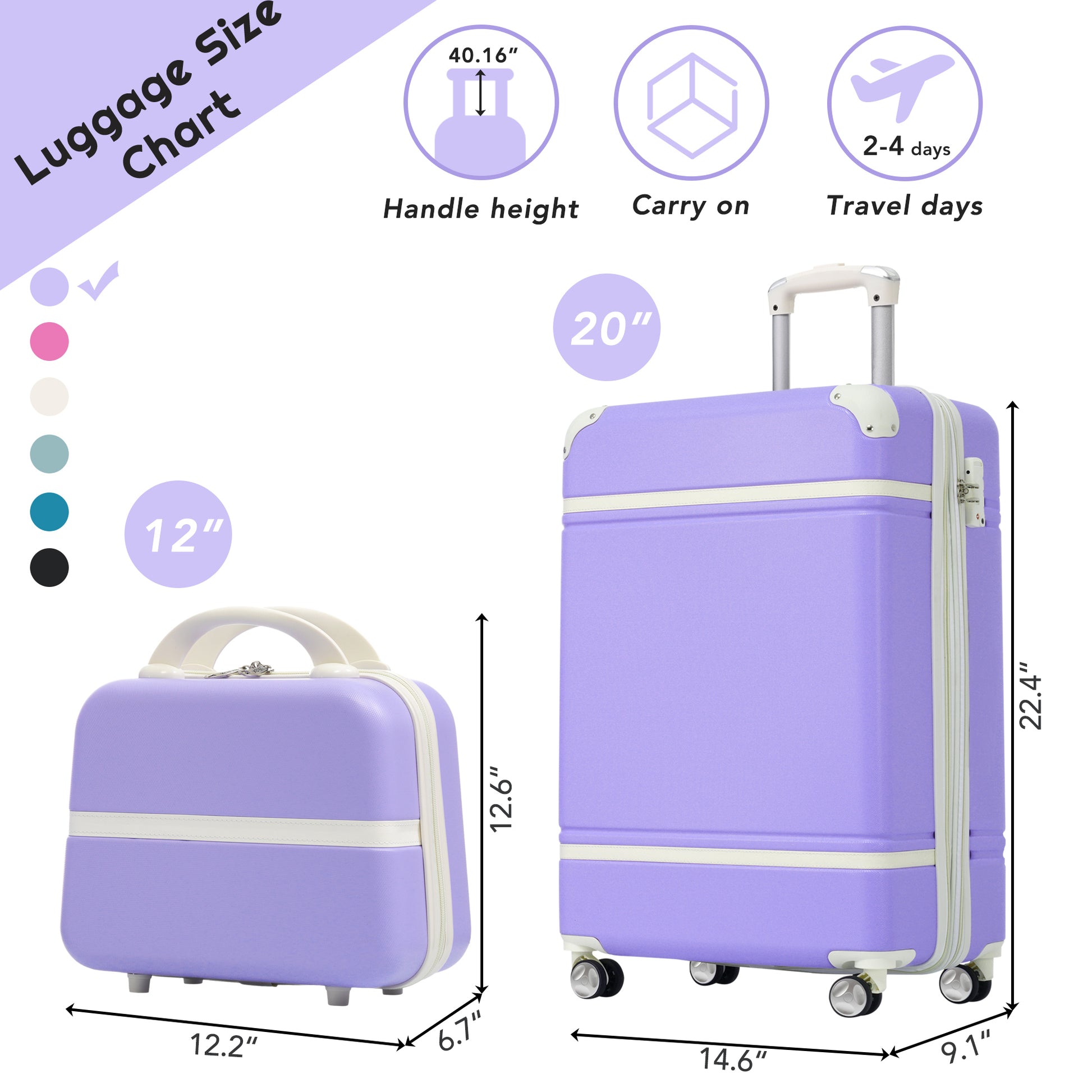 20 In Hardside Luggage With Cosmetic Case2 Piece Lightweight Suitcase Set With Spinner Wheels, Carry On Vintage Luggage,Purple Purple Abs