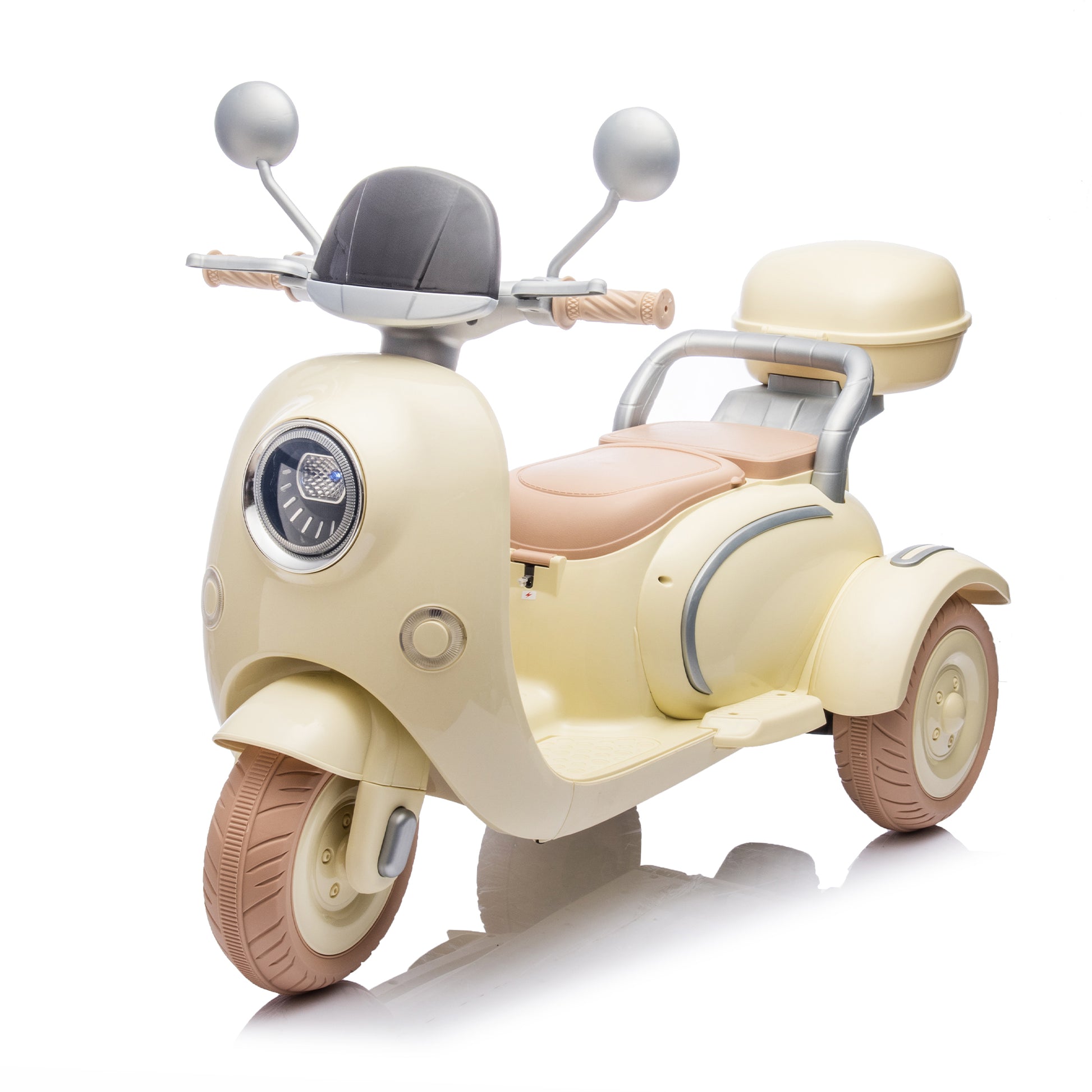 12V Two Seater Kids Ride On Electric Motorcycle,Three Wheels Kids Toy With Slow Start,Multi Function Player,Usb,Bluetooth, Light,Backseat Flip Adult Seat, Oversized Storage Box For Kids Aged 3 6. Beige Plastic