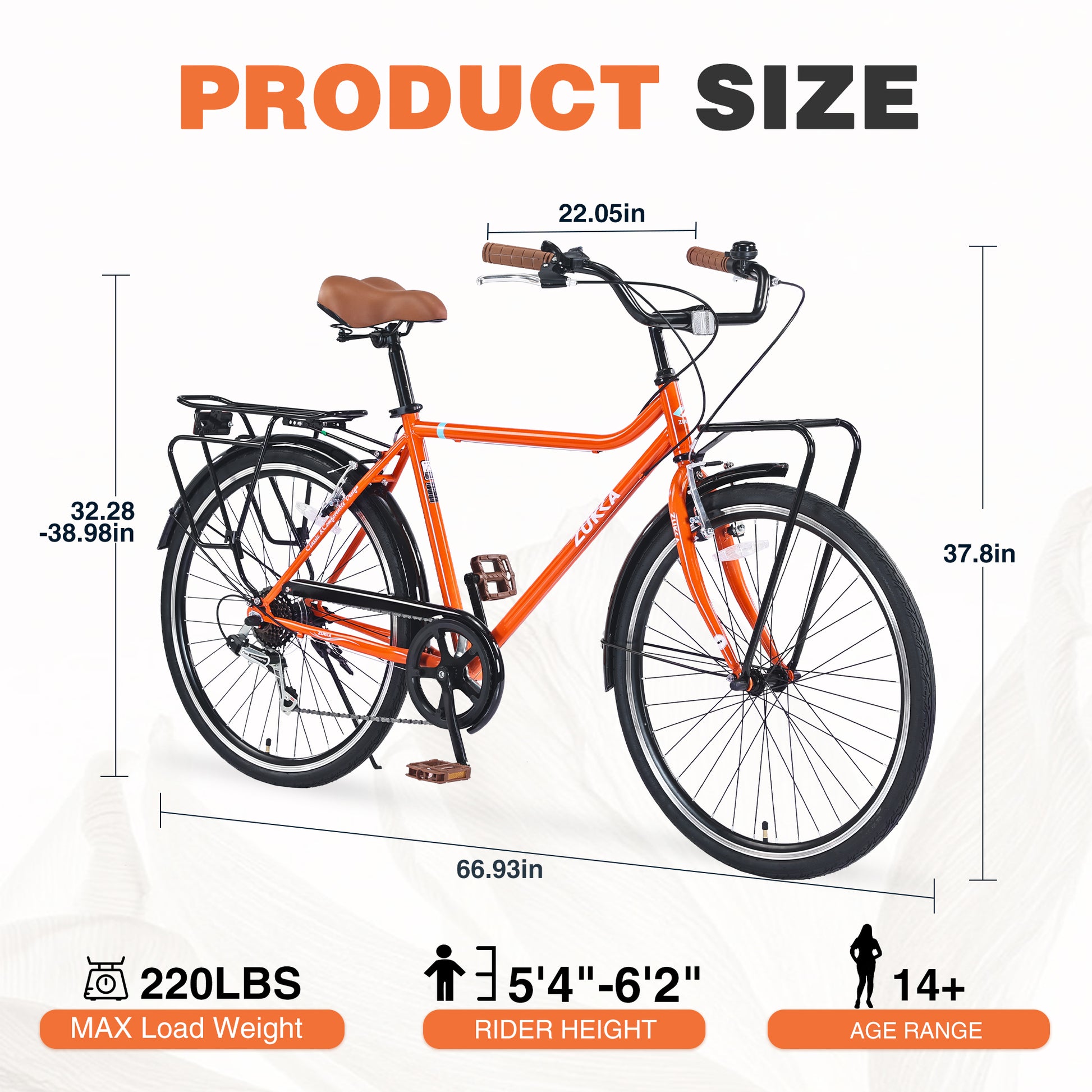 7 Speed, Steel Frame, Multiple Colors 26 Inch Vintage Style Bike,Retro Commute Bike For Women And Men Orange Steel