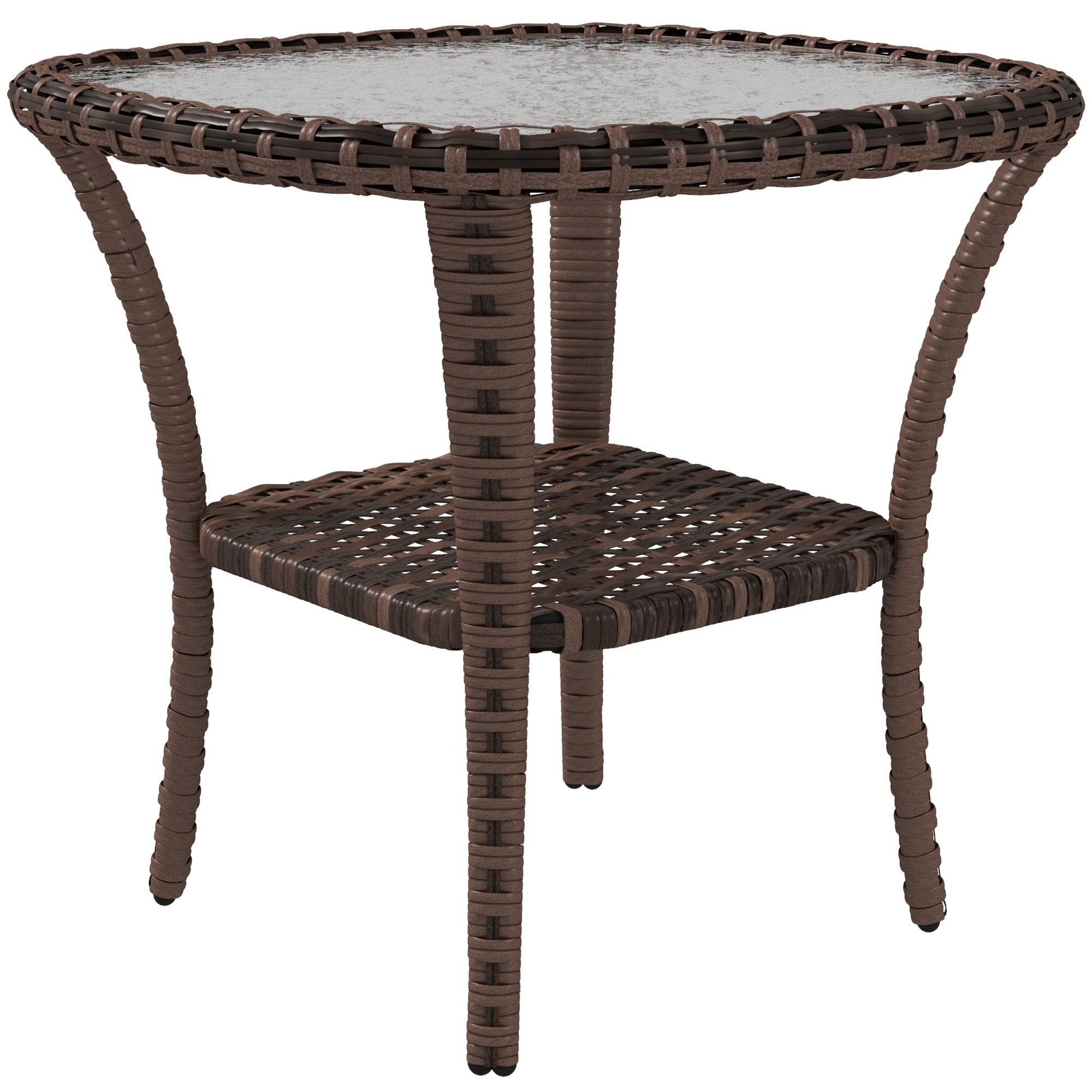 Outsunny Rattan Coffee Table With Storage Shelf, Wicker Side Table With Glass Top, Outdoor End Table For Garden, Porch, Backyard, Mix Brown Multicolor Steel