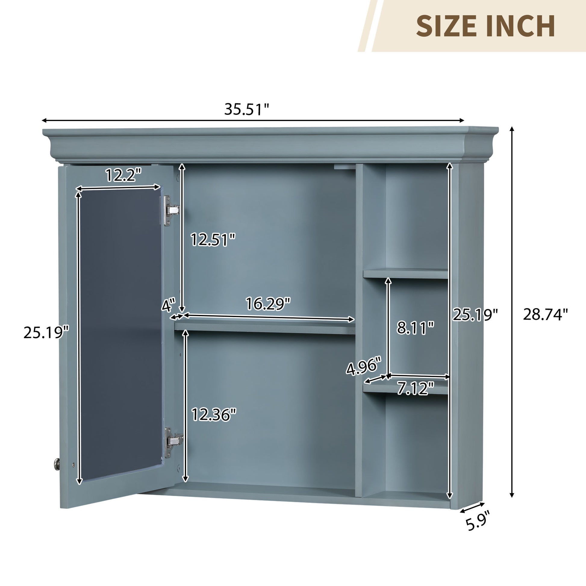 35'' X 28'' Blue Wall Mounted Bathroom Storage Cabinet With Mirror Door, Modern Bathroom Wall Cabinet With Mirror, Medicine Cabinet With 6 Open Shelves Blue 5 Adjustable Shelves Bathroom Wall Mounted Mdf Painted