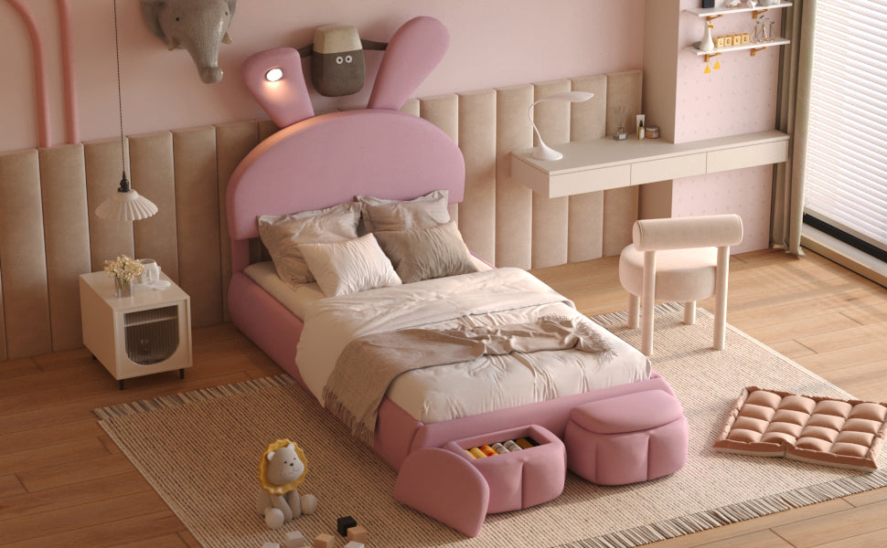 Twin Size Upholstered Platform Bed With Cartoon Ears Shaped Headboard And Light, Pink Box Spring Not Required Twin Pink Wood Bedroom Bed Frame Velvet Upholstered