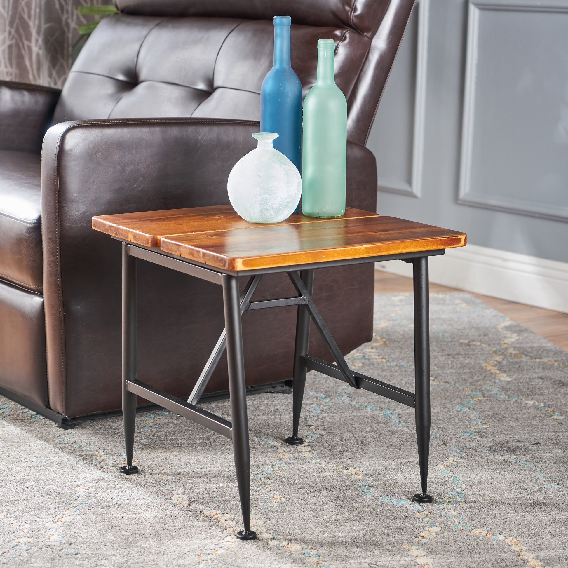 Ocala Inductrial Wood Metal End Table Black Acacia Wood