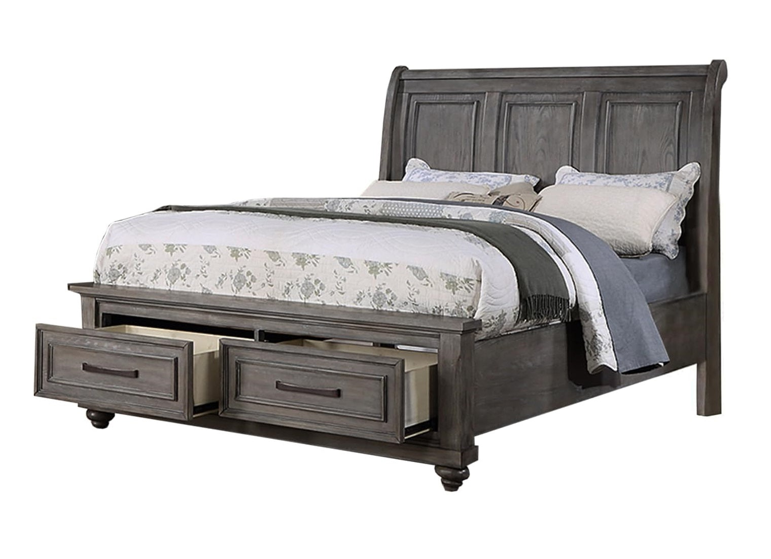 Queen Size Bed W Underbed Drawer Vintage Look Gray Color Beautiful Panel 1Pc Bedframe Bedroom Box Spring Required Queen Antique Gray,Gray Wood Bedroom Contemporary,Modern,Transitional Storage