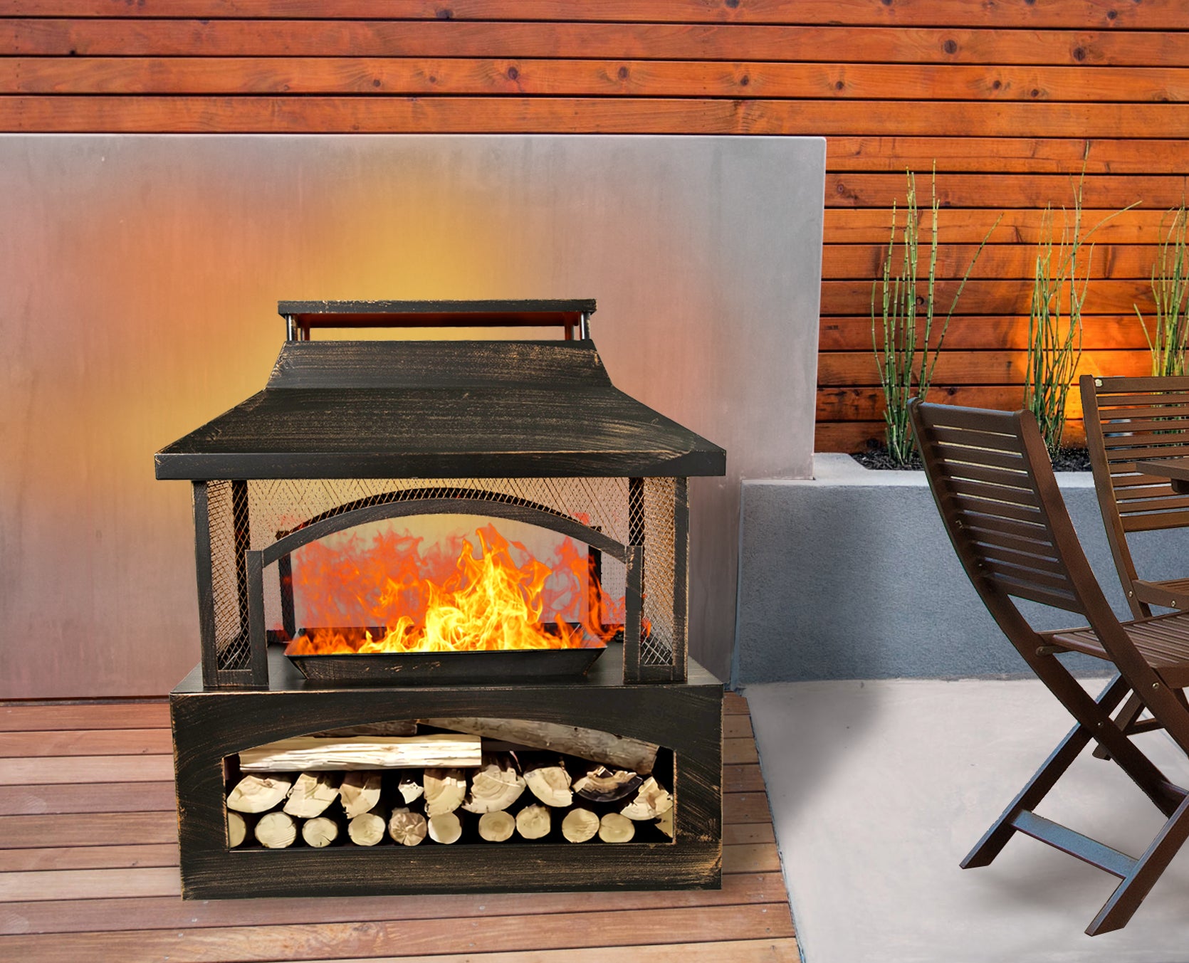 37 Inch Rectangular Metal Outdoor Wood Burning Fireplace Outdoor Fireplace With Built In Log Storage And Poker Brushed Bronze,Log Burner Fire Pit For Patio Garden And Backyard Antique Brass Garden & Outdoor Antique Steel