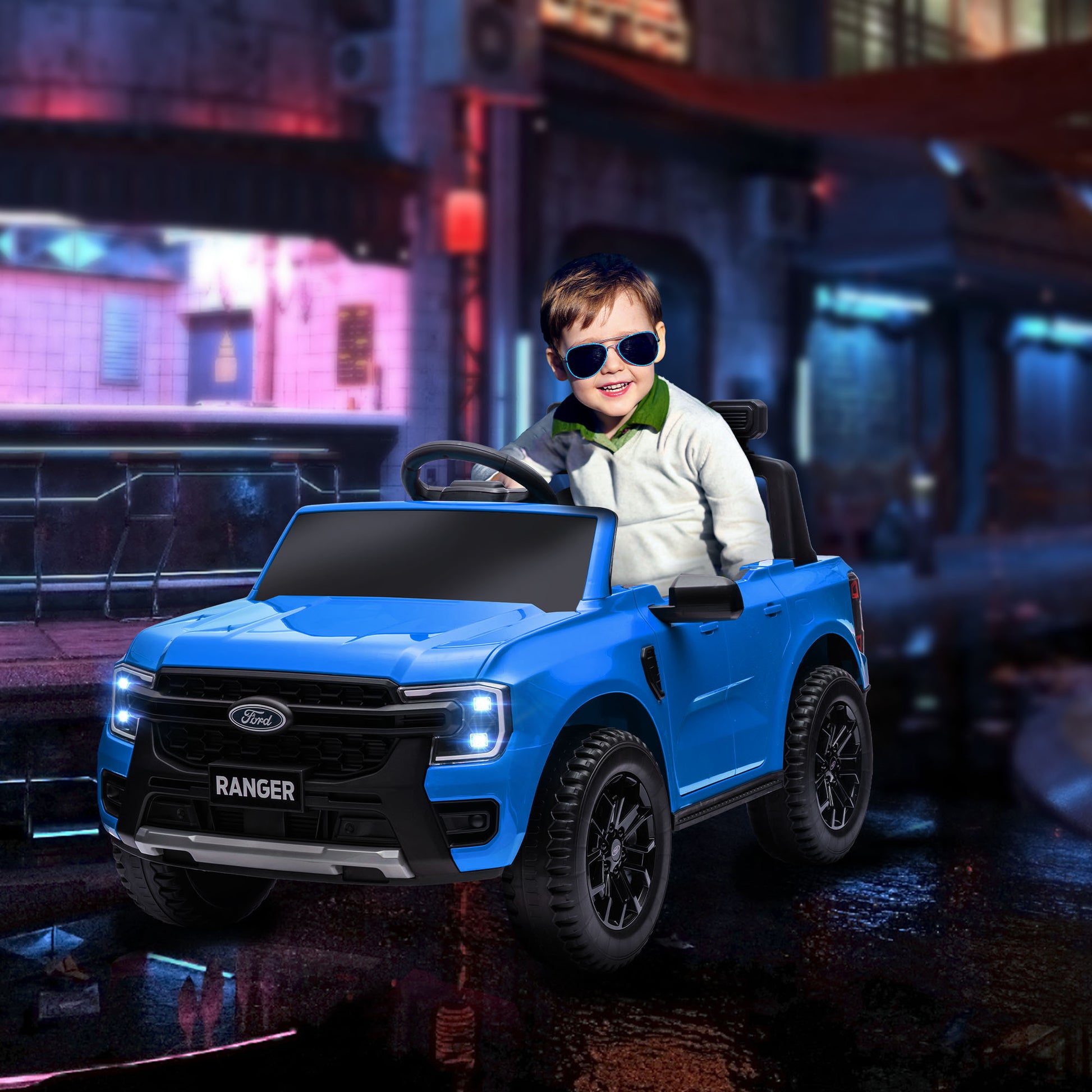 Qaba Ford Ranger Licensed 12V Kids Ride On Truck, Toddler Electric Car With Remote Control, Toy Storage, Spring Suspension, Led Headlights, Music Horn, For Ages 3 6 Years, Blue Blue Plastic