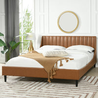 Aspen Vertical Tufted Headboard Platform Bed Set, King, Caramel Tan Brown Faux Leather Box Spring Not Required King Tan Brown Wood Foam Faux Leather Faux Leather