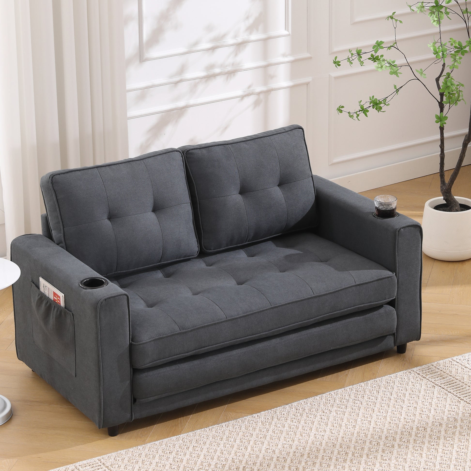 3 In 1 Upholstered Futon Sofa Convertible Sofa Bed,Foldable Tufted Loveseat With Pull Out Sleeper Couch Bed,Folding Mattres Beautiful Seat Daybed W Side Pockets And Cup Holder, Dark Gray Dark Gray Foam Fabric