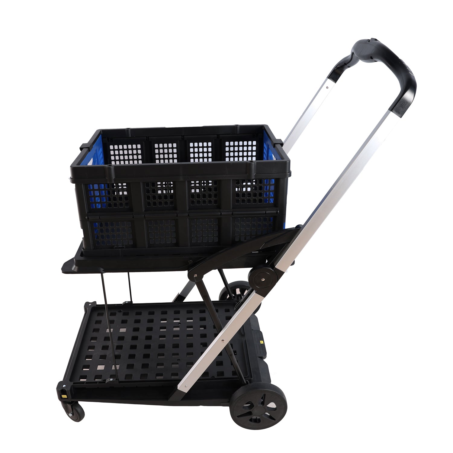 Folding Service Cart With Wheels Double Decker, Shopping, Library, Office Warehouse Moving Carts Black Blue Plastic