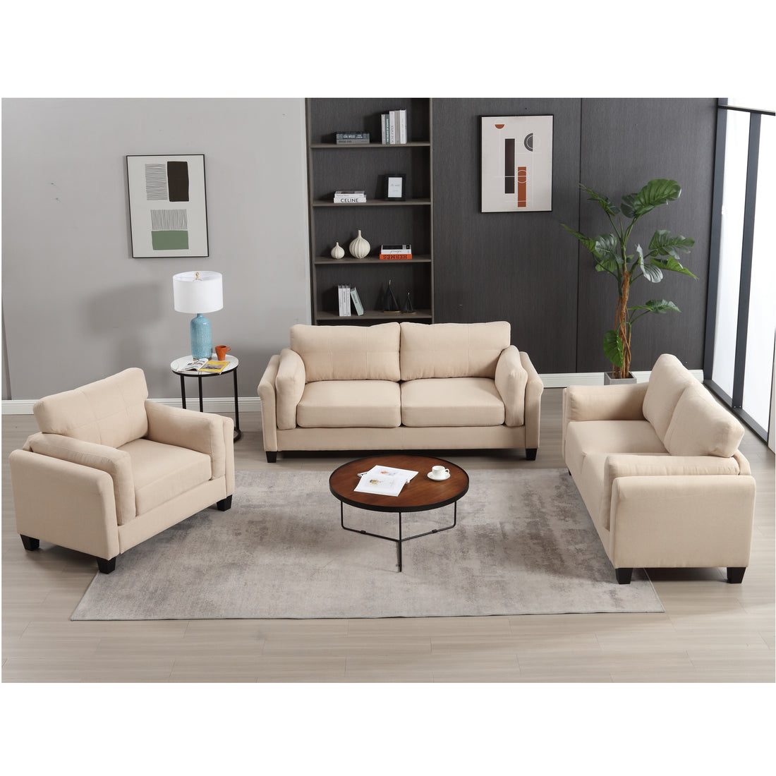 Oversized Modern 3 Pieces Sofa Set For Living Room Double Armrest Comfy Deep Seat Furniture Sets Chair & Loveseat & 3 Seater Couch, Khaki Khaki Primary Living Space Fabric 6 Seat