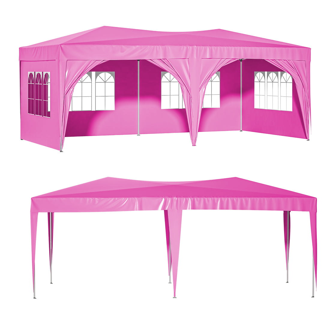 10'X20' Pop Up Canopy Tent With 6 Sidewalls, Ez Pop Up Outdoor Canopy For Parties, Waterproof Commercial Tent With 3 Adjustable Heights, Carry Bag, 6 Sand Bags, 6 Ropes And 12 Stakes, Pink Pink Metal