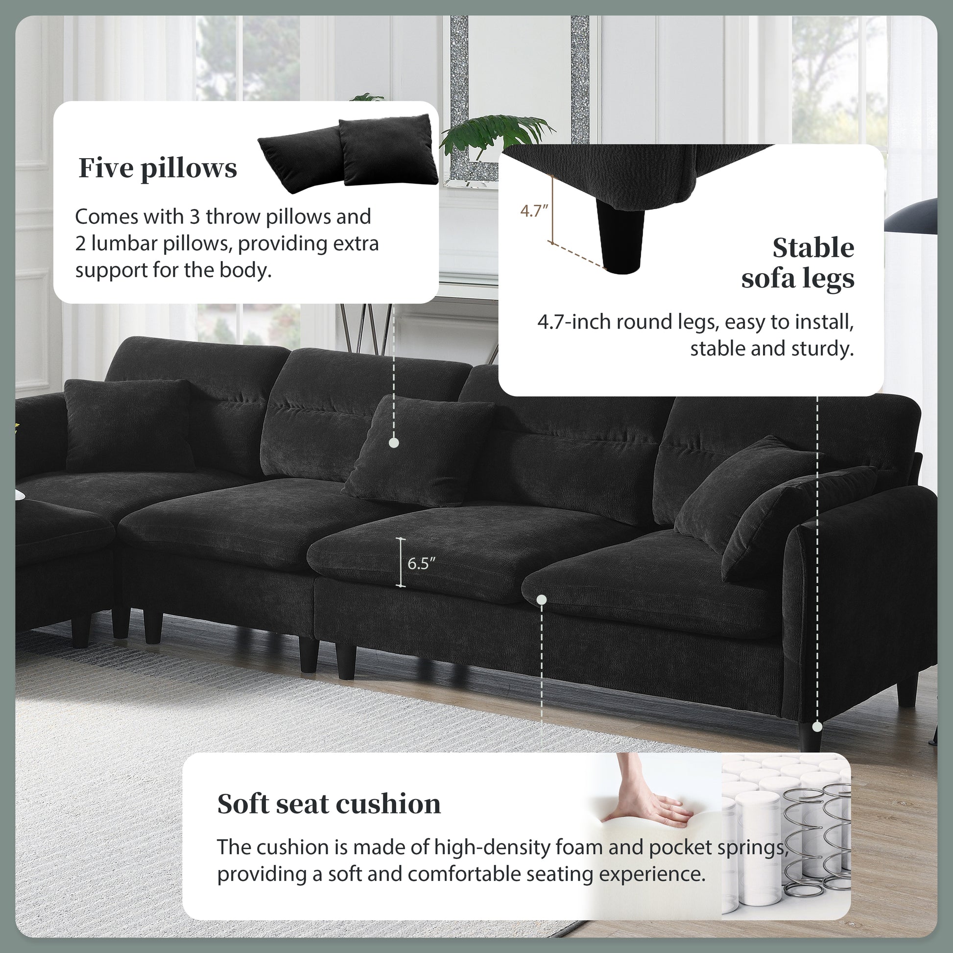 110*62" Modern Convertible Sectional Sofa,L Shaped Reversible Couch Set With Free Pillows,5 Seat Cloud Chenille Indoor Furniture With Ottoman For Living Room,Apartment,3 Colors Black Chenille 5 Seat