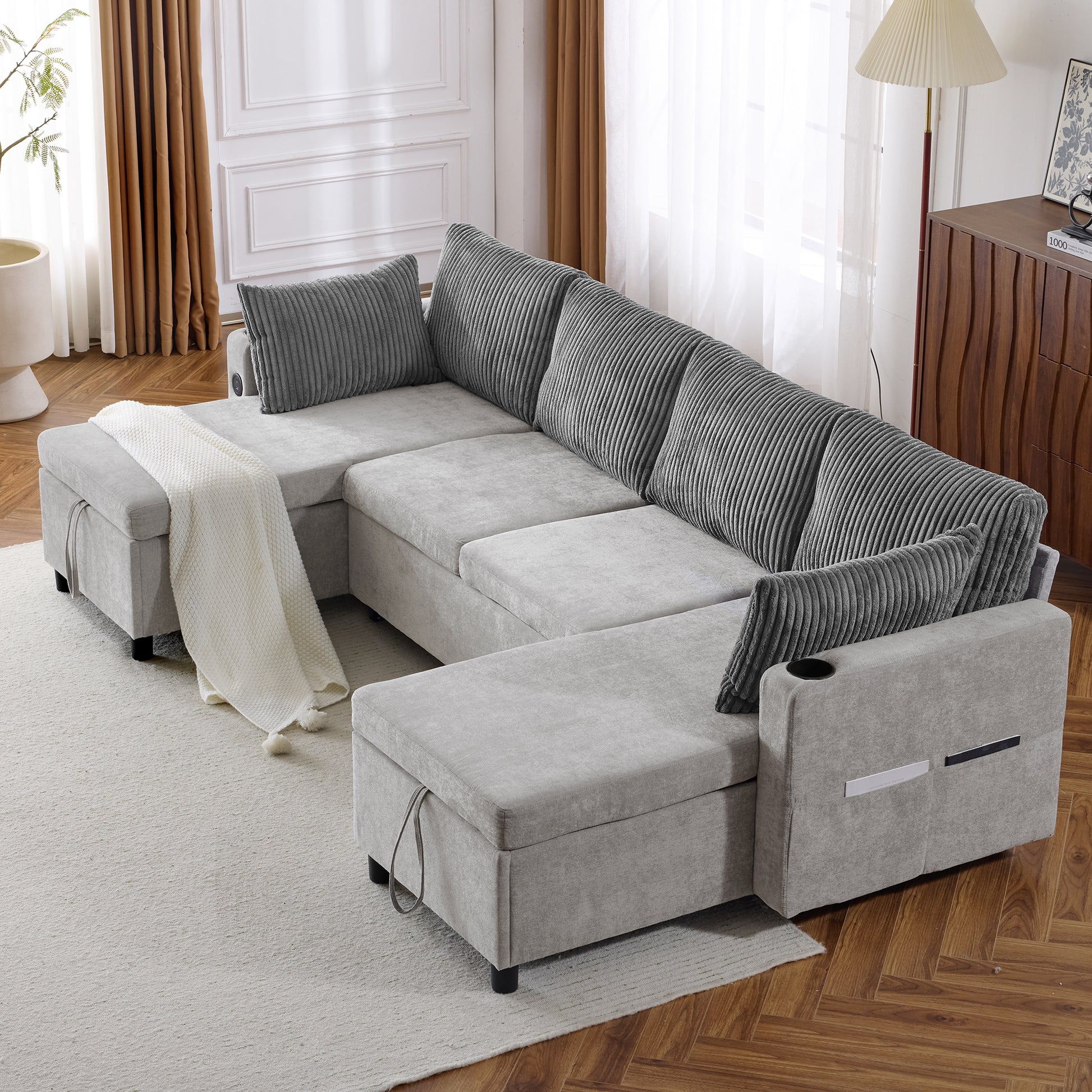 111.8" Sectional Sofa Pull Out Sofa Bed Versatile Sofa Sleeper With Large Storage Space, Two Usb Ports And Two Cup Holders For Living Room, Grey Grey Foam Chenille 4 Seat