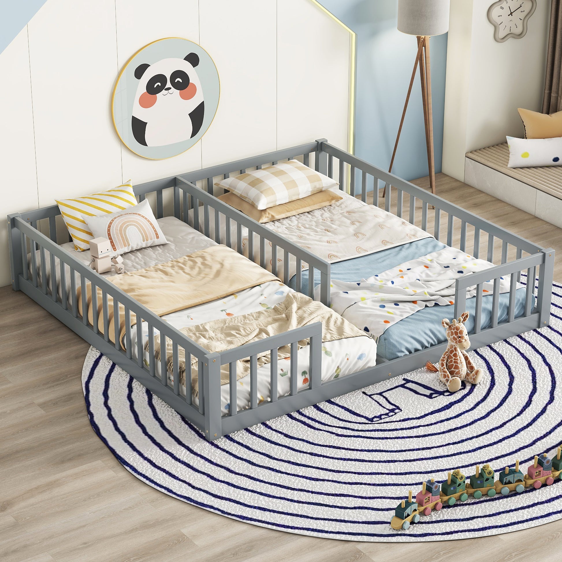 Double Twin Floor Bed With Fence, Guardrails, Without Door, Grey Twin Grey American Design Pine