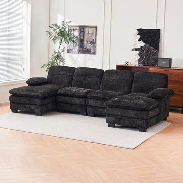 U Shaped Profile Sofa, Including Two Single Seats And Two Chaise, Modular Sofa, Chenille Sofa,Black Black Foam Polyester 4 Seat