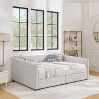 Queen Size Daybed With Two Drawers Trundle Upholstered Sofa Bed, With Vertical Stripes, Linen Fabric, Beige 86.5"X65"X30" Beige Linen