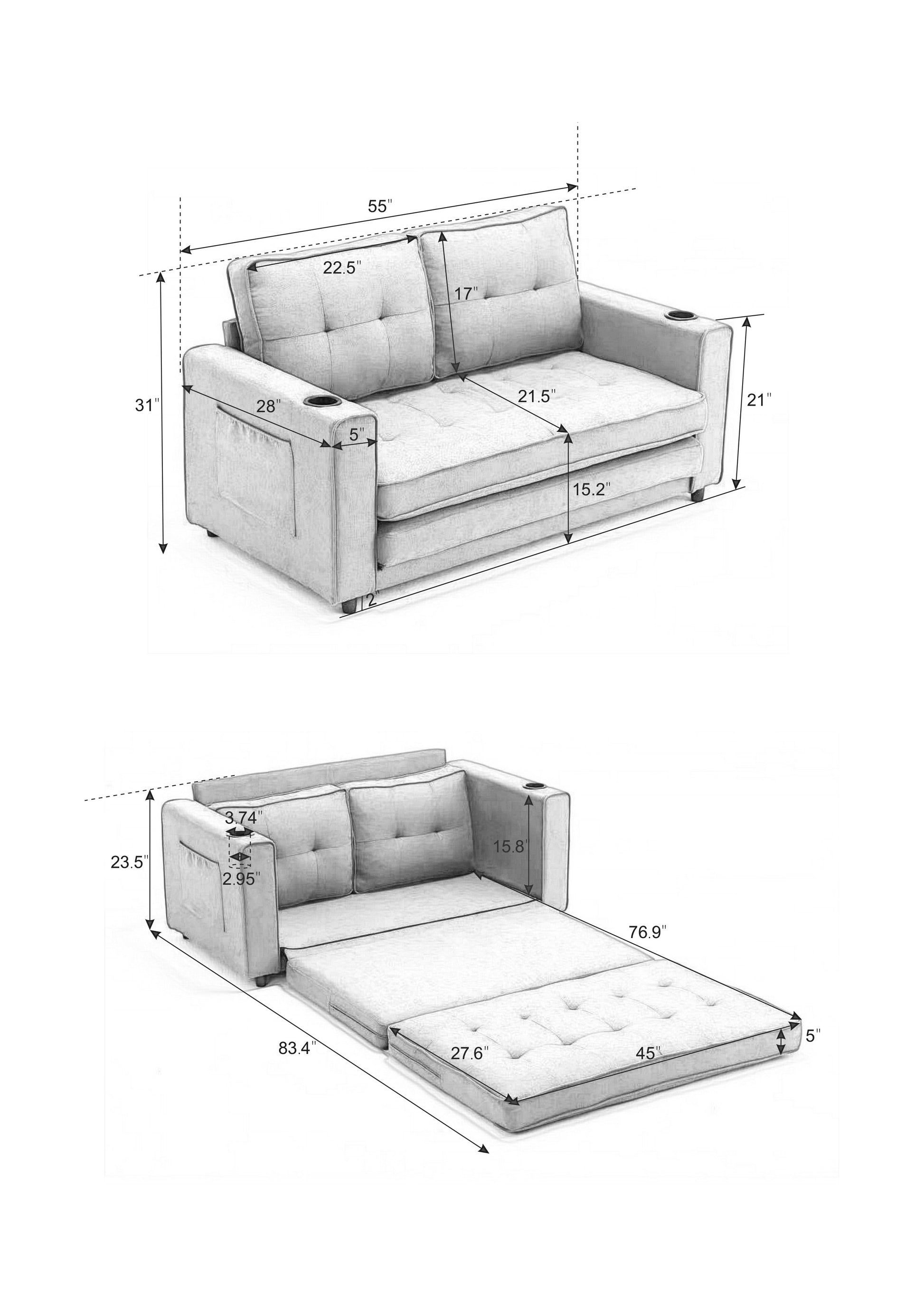 3 In 1 Upholstered Futon Sofa Convertible Sofa Bed,Foldable Tufted Loveseat With Pull Out Sleeper Couch Bed,Folding Mattres Beautiful Seat Daybed W Side Pockets And Cup Holder, Dark Gray Dark Gray Foam Fabric