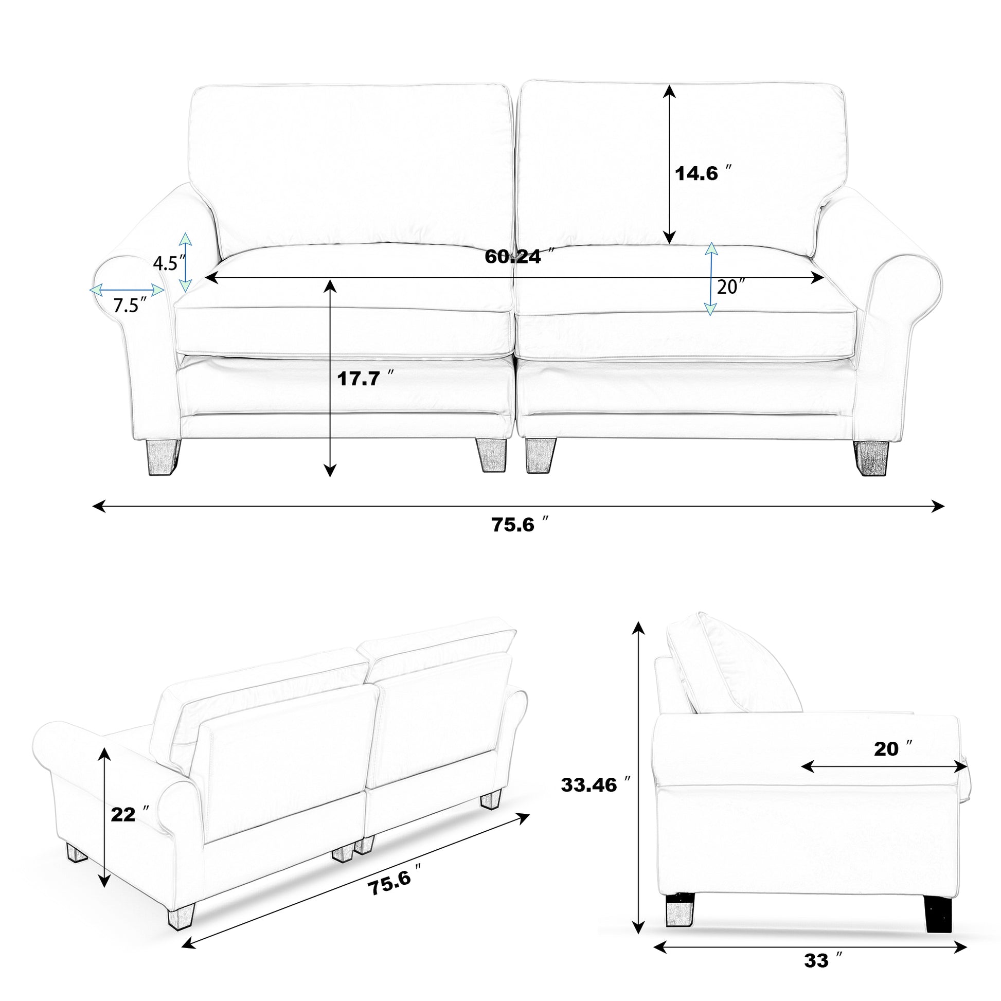 75.6" Pets Friendly Fabric Rolled Arm Upholstered Loveseat 2 Seater Couch With Removable Back Cushionmodern Couches For Small Spaces Living Room, Bedroom, Apartment, Black Black Fabric