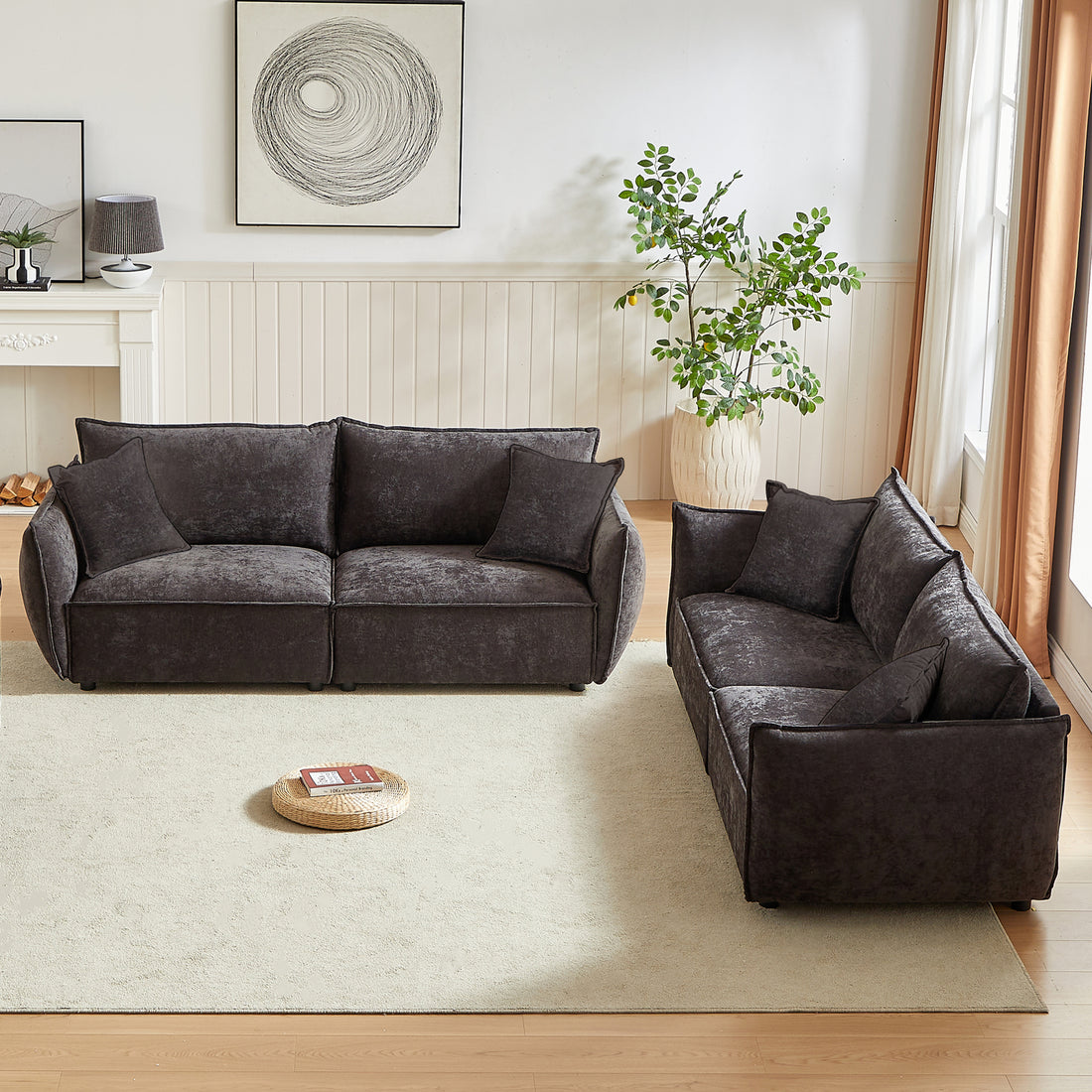 3 Seater 3 Seater Combo Sofa Modern Living Room Sofa, Linen Fabric Sofa, Wooden Frame With 4 Pillows, Apartment Sofa Furniture Black Chenille Wood Primary Living Space Pine Foam Fabric 6 Seat