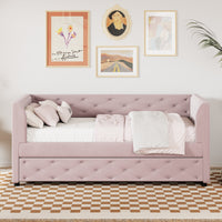 Twin Size Upholstered Velvet Tufted Daybed With Trundle, Pink Box Spring Not Required Twin Pink Wood Daybeds Velvet Solid Wood Mdf,Velvet