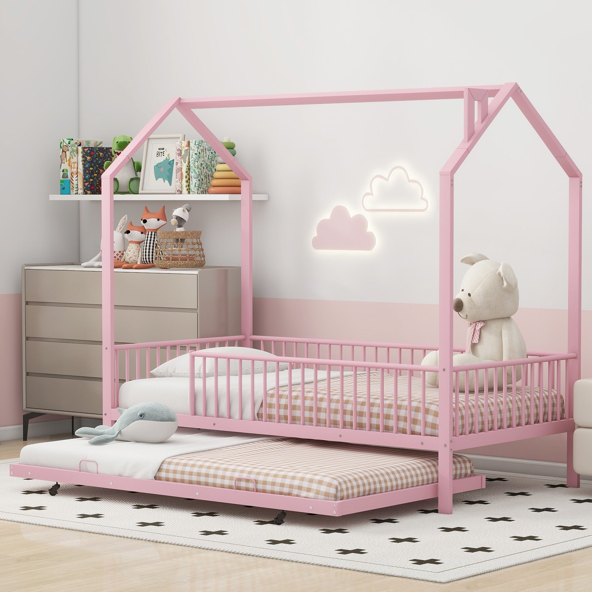 Twin Size Metal House Bed With Fence, With Trundle, Pink Expected Arrival Time: 10.18 Twin Pink Metal