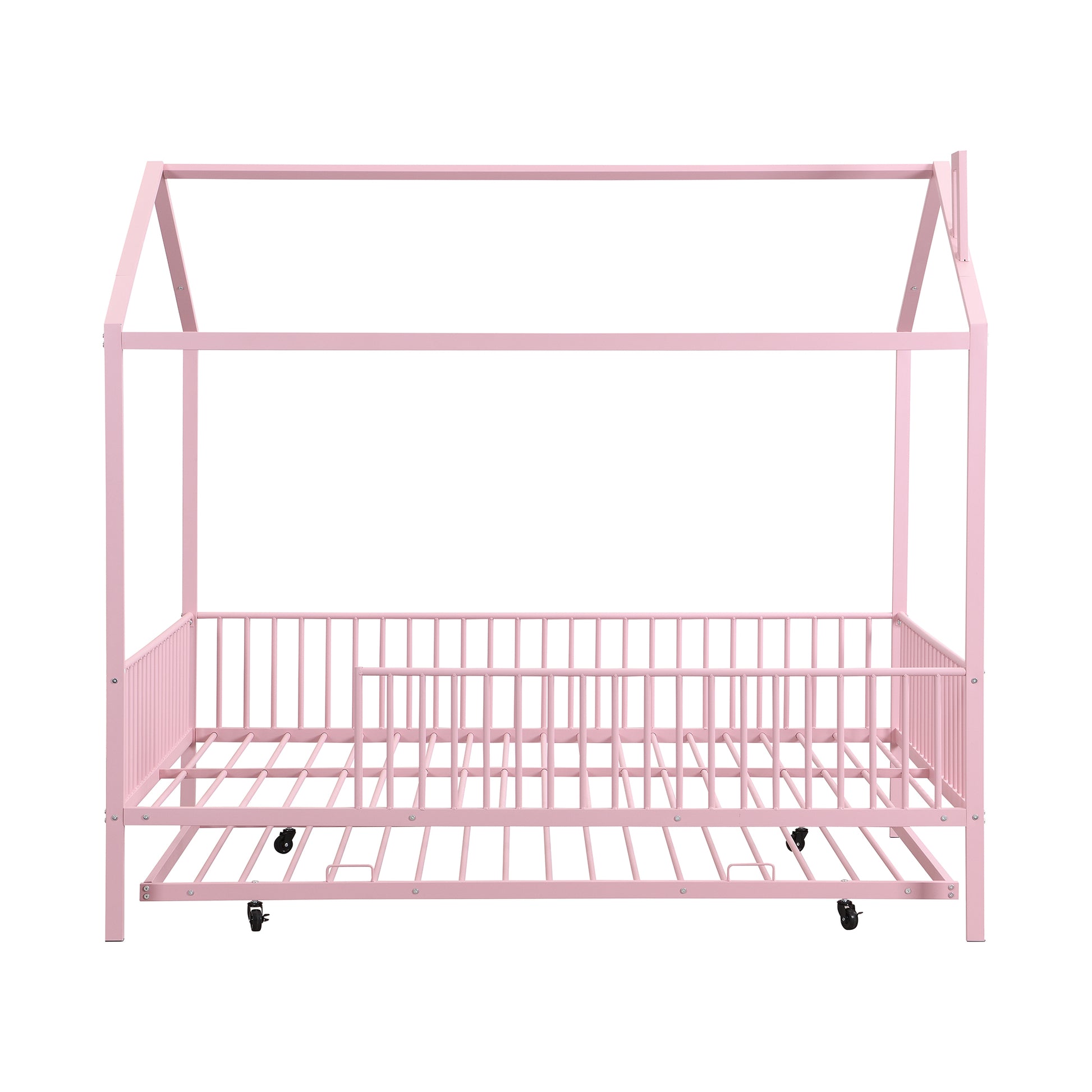 Full Size Metal House Bed With Fence, With Trundle, Pink Full Pink Metal