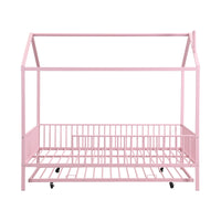 Full Size Metal House Bed With Fence, With Trundle, Pink Full Pink Metal