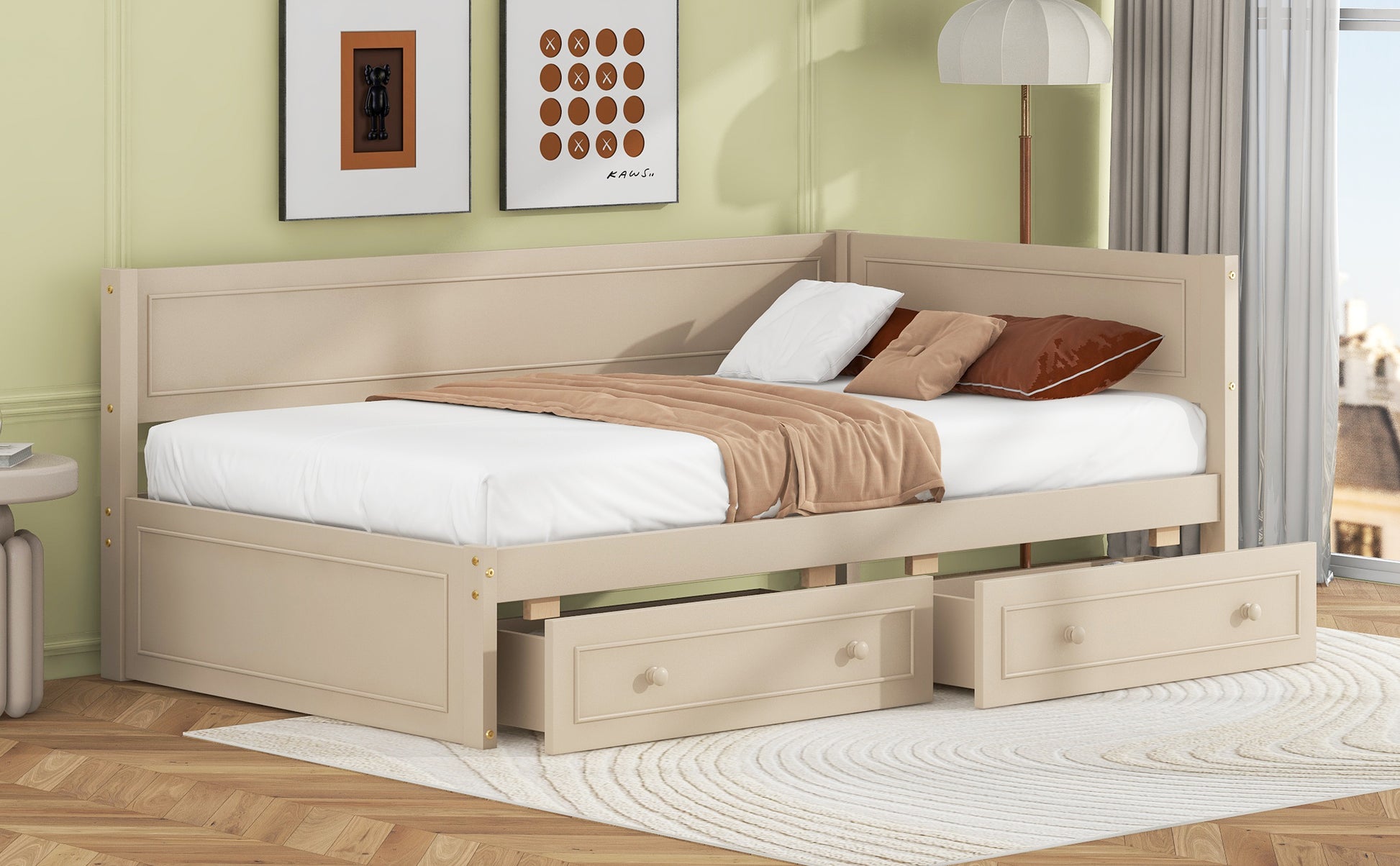 Twin Size Wood Daybed With 2 Drawers And Guardrail, Beige Beige Solid Wood Mdf