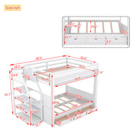 Wood Full Size Convertible Bunk Bed With Storage Staircase, Bedside Table, And 3 Drawers, White White Solid Wood Mdf