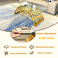 47" Rectangle Modern Stainless Steel Coffee Table, Clear Tempered Glass Coffee Table, Center Table, For Living Room Home Office, Easy Assembly, Gold Clear,Gold Modern Open Storage Rectangular