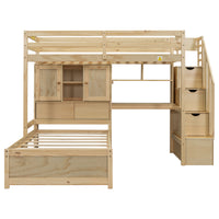 Twin Over Twin Loft Bed With Built In Desk And Staircase, With Storage Compartments And Shelves, Natural Twin Box Spring Not Required Natural Wood Pine