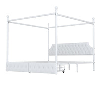 King Size Metal Canopy Platform Bed With Upholstered Headboard And Two Storage Drawers, White King White Metal