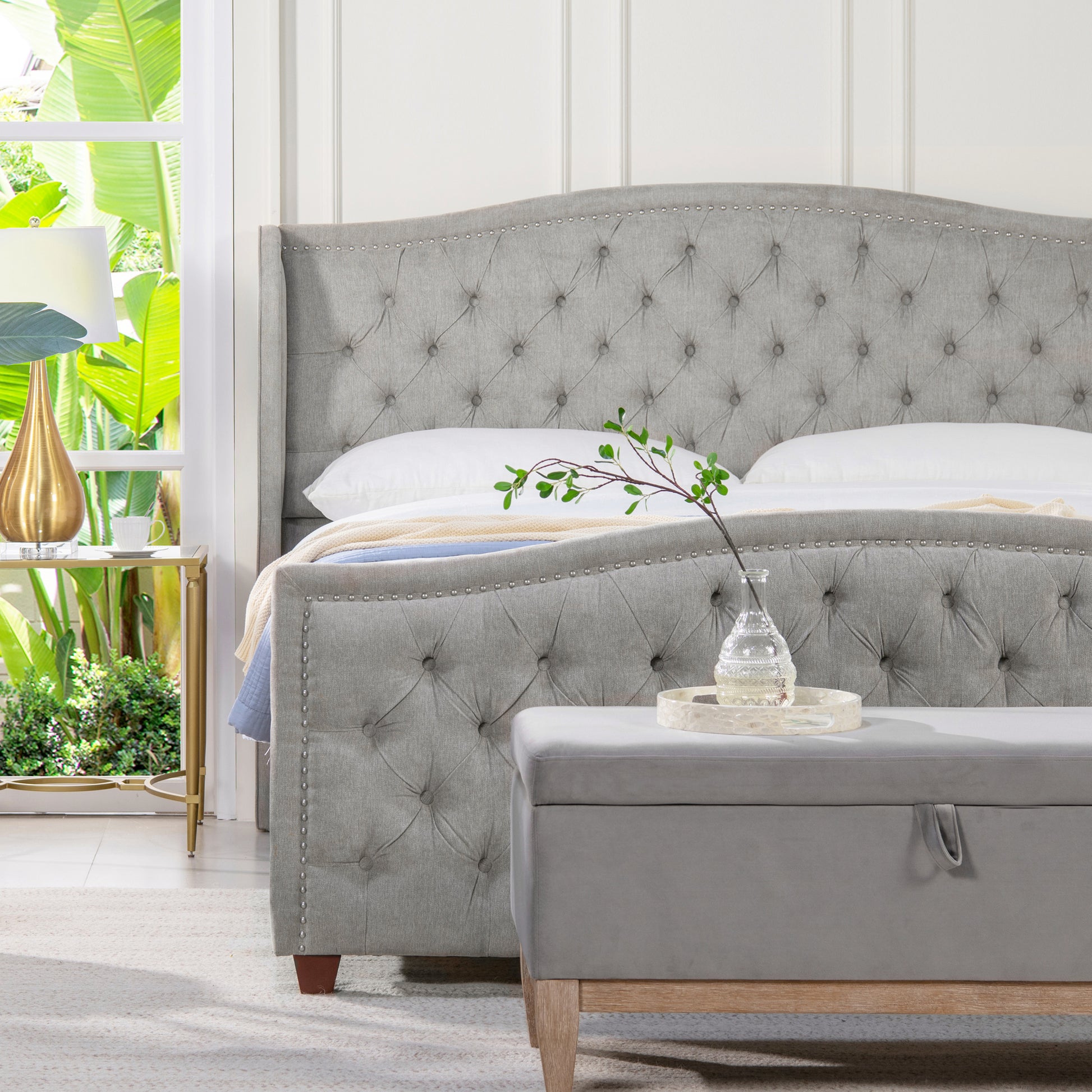 Marcella Upholstered Shelter Headboard Bed Set, California King, Silver Grey Polyester Box Spring Required California King Silver Grey Wood Foam Polyester Polyester