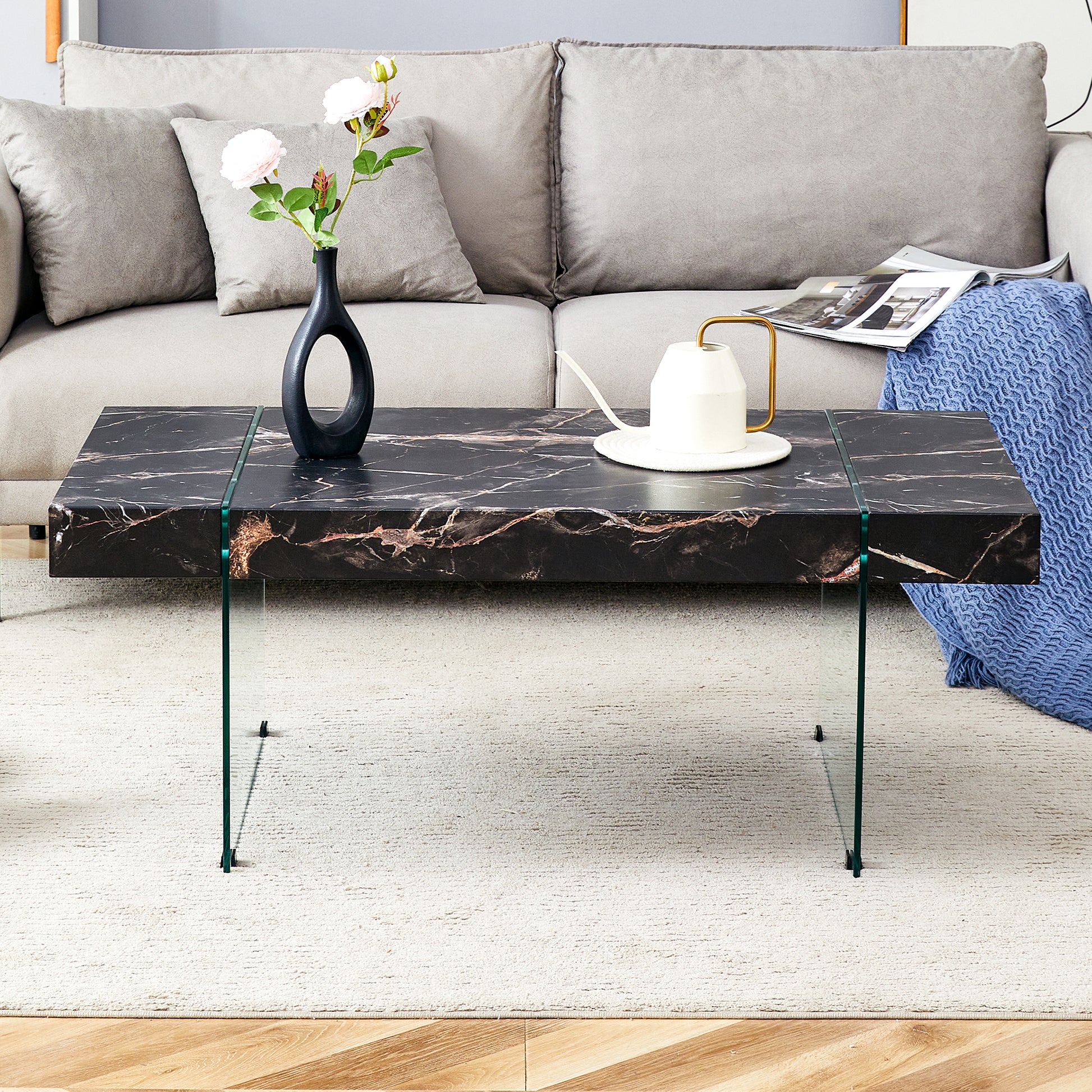 43.3"X23.6" Black Marble Patterned Mdf Coffee Table With Tempered Glass Legs.Suitable For Living Room.It Can Be Used Not Only As A Coffee Table But Also As A Side Table Or Display Stand.