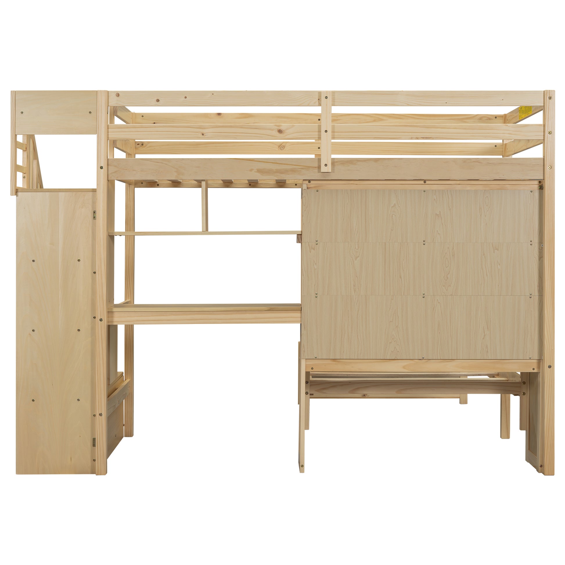 Twin Over Twin Loft Bed With Built In Desk And Staircase, With Storage Compartments And Shelves, Natural Twin Box Spring Not Required Natural Wood Pine